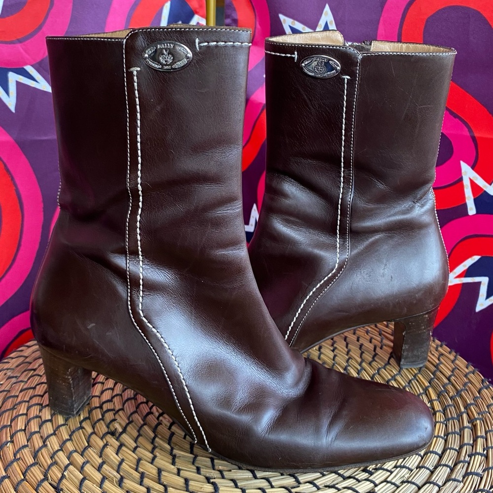 Vintage Bally Liza Leather Heeled Boots Block Zip Square Toe Contrast Stitching